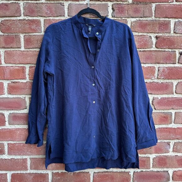 Eileen Fisher $178 Mini Check Crepe Mandarin Collar Top navy blue Large - Picture 1 of 13